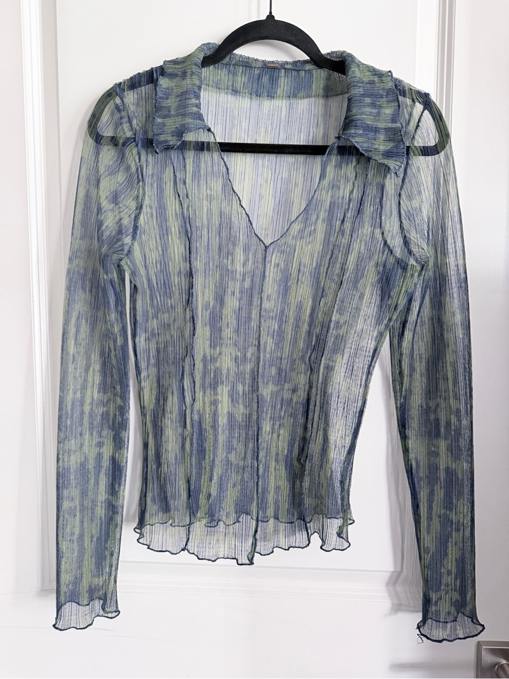 Free People Sheer Long-Sleeve V-Neck Top in Blue and Green